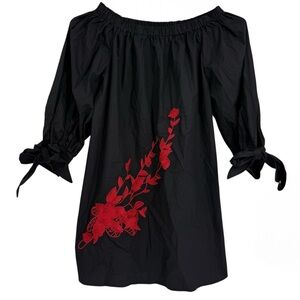 Velzera Womens Tunic Blouse Size 3X Black Red Boho Tie Sleeve Top NWT Floral